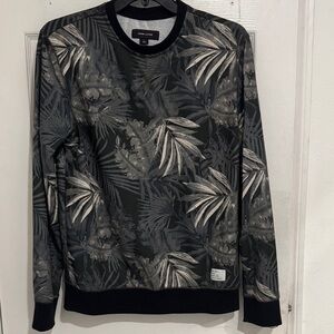Men's Black and Gray Tropical Print Crewneck Light Sweater Size L